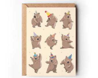 Wombats bailando / Tarjeta de cumpleaños / Tarjeta de felicitación australiana / Tarjeta reciclada / Sostenible