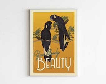 Australiana Yellow Tail Black Cockatoo Art Print - Vintage Style