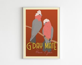 Australian Galah Poster - Vintage Inspired Australiana. Australian birds wall art. Australian Sellers