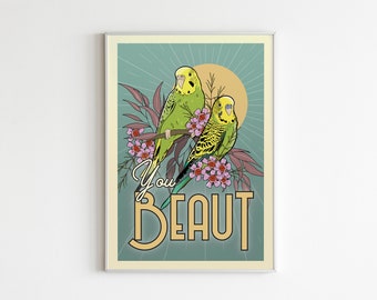 Australian Budgies Poster - Vintage Inspired Australiana Art Print