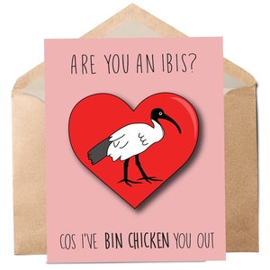 Puede incluir: Una tarjeta rosa con un coraz&oacute;n rojo y una ilustraci&oacute;n en blanco y negro de un ibis. El texto en la tarjeta dice "Are you an ibis? Cos I've bin chicken you out."