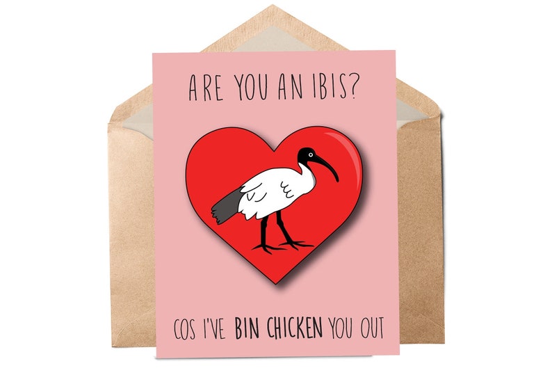 Puede incluir: Una tarjeta rosa con un coraz&oacute;n rojo y una ilustraci&oacute;n en blanco y negro de un ibis. El texto en la tarjeta dice "Are you an ibis? Cos I've bin chicken you out."