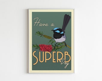 Superb Fairy Wren Poster – Vintage Inspired Australian Bird Art