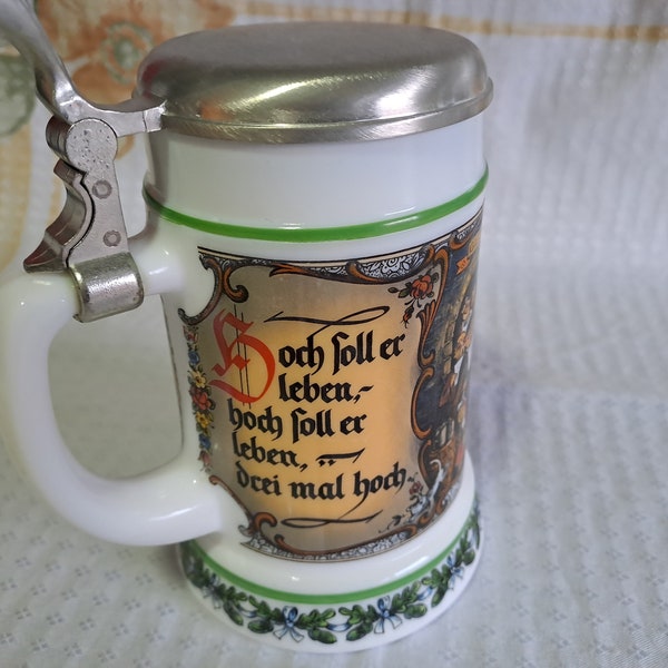 Vintage Bierkrug Sammlerkrug mit Zinndeckel Deutschland Trinkspruch