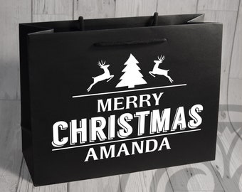 Large Personalised Christmas Bag with Name - Rope Detail Handles Christening Present - Merry Christmas Happy Crimbo