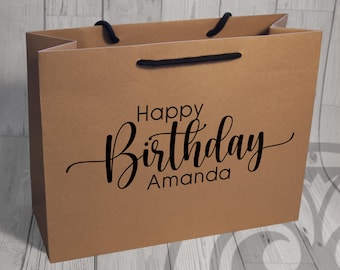 Large Custom Printed Birthday Bag, Personalised & Printed With Name. Landscape Luxury Bag With Rope Handle Detail