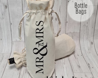 Printed Bottle Drawstring Gift Bag Mr & Mrs Design Wedding Day Vintage Gift Idea - Hand Printed