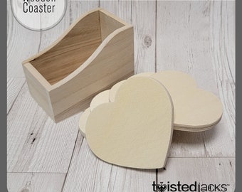 Heart Shaped Wooden Coaster Set - Plain With Wooden Holder, Soft Wood, Poplar Wood Untreated - Arts & Crafts