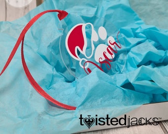 Christmas Personalised Acrylic Dog Pet Bauble Printed with name & supplied with ribbon detail