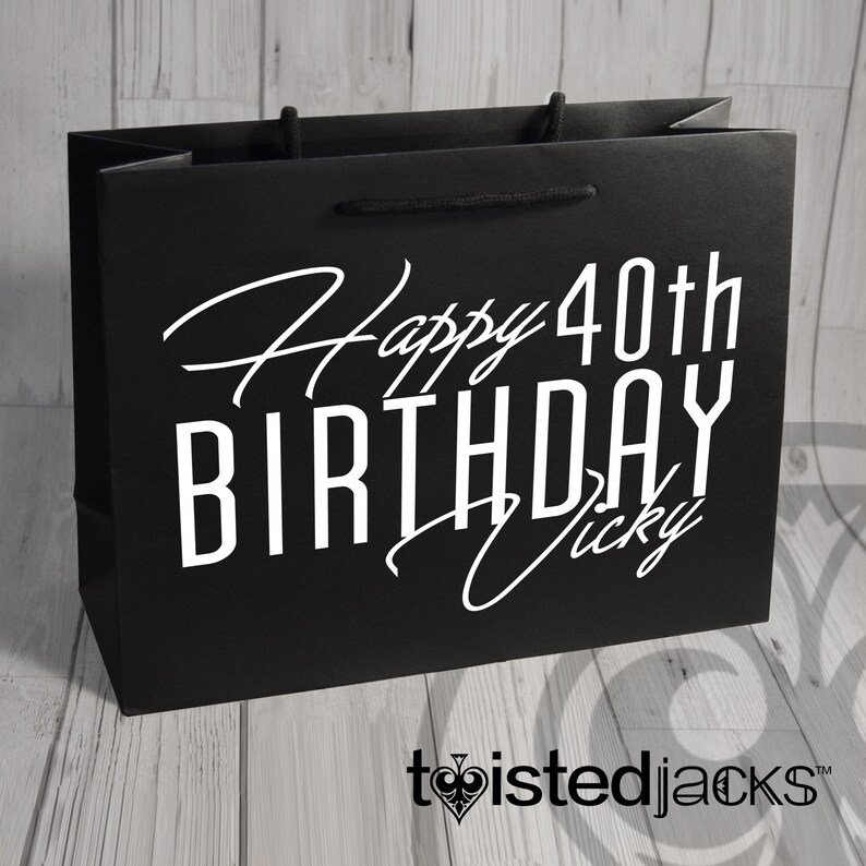 Large Personalised Happy Birthday Stylish Paper Landscape Bag Rope Detail Handles Birthday Present Gift Bag Black