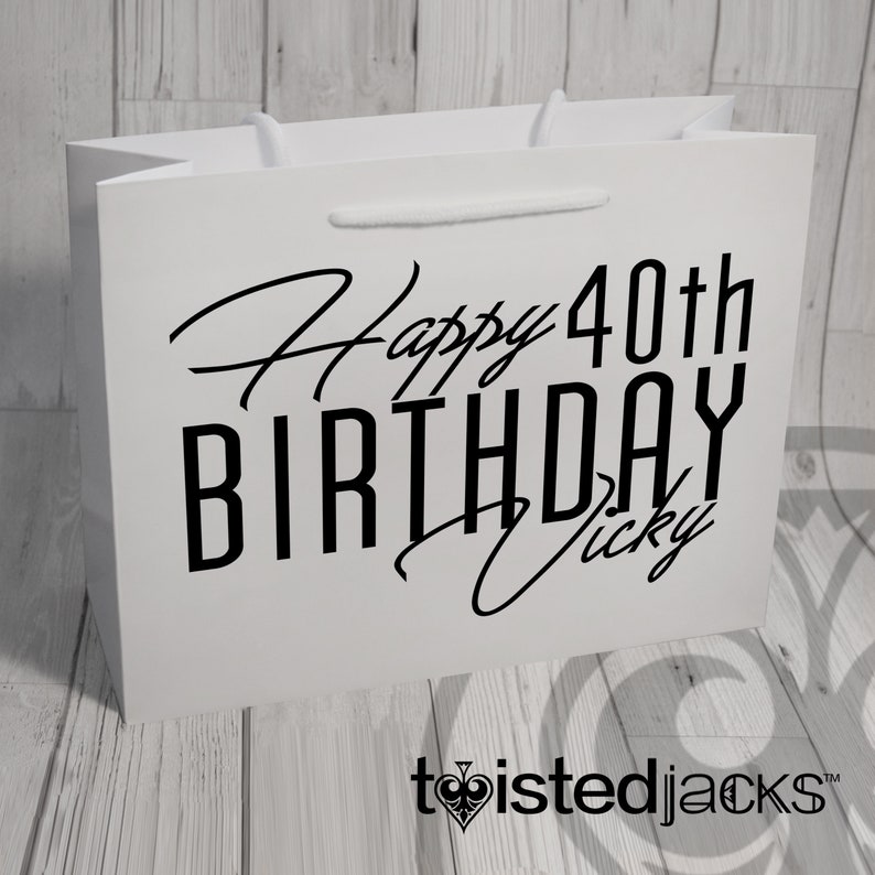 Large Personalised Happy Birthday Stylish Paper Landscape Bag Rope Detail Handles Birthday Present Gift Bag White