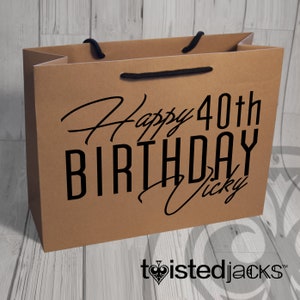 Large Personalised Happy Birthday Stylish Paper Landscape Bag Rope Detail Handles Birthday Present Gift Bag Kraft