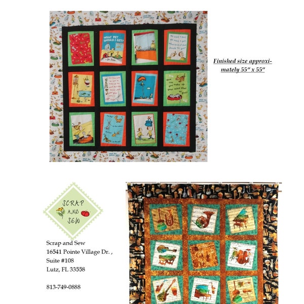 Wonky Block Quilt  PATTERN Instructions, great for fabric panels with block images.  Finished size ≈ 55"x55" can be made larger or smaller.