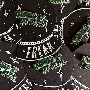 Spawned By The Devil Horror Pin-- FREAK-- spooky cute monster pin- shrink plastic pin