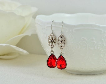 Silver Filigree Ruby Teardrop Earrings, Sterling Silver Hooks, Red Dangle Drop Earrings, Ruby Dangle Earrings, Mothers Day Everyday Jewelry