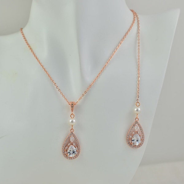 Cubic Zirconia Long Drop Bridal Back Necklace, Rose Gold Bridal Back Necklace, Crystal Back Drop Necklace, Open Back Necklace, Bridal Jewelry Set, Wedding Jewellery set