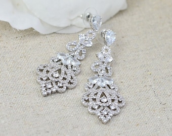 Orecchini Pendenti A Lampadario In Argento Rodiato Con Zirconia Cubica - Lunghezza 5,1 Cm