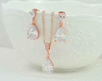 Rosegold Bridal Drop Earrings Set, Crystal Bridesmaids Wedding Jewellery Set, Rose Gold Cubic Zirconia Teardrop Wedding Jewelry - Ava