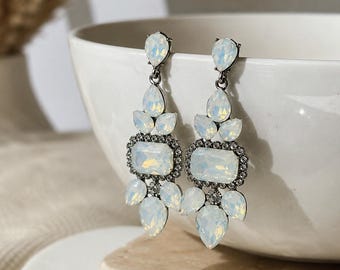 Opal Chandelier Earrings, Statement Bridal Earrings, White Crystal Earrings, Wedding Jewellery