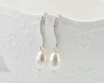 Bridal Pearl Drop Silver Earrings, Bridesmaids Pearl Teardrop Earrings, Wedding Earrings, Bridesmaids Cubic Zirconia Dangle Earrings Jewelry