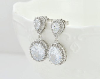 Silver Drop Crystal Bridal Earrings Jewellery, Cubic Zirconia Dangle Earrings, Wedding Bridesmaids Stud Earrings Jewellery - Skye Kyle