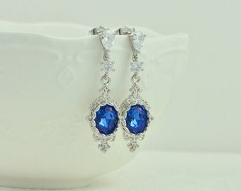 Sapphire Bridesmaids Earrings Drop, Silver Necklace, Blue Jewelry set, Blue earrings, Silver jewellery, Bridal Jewellery Set, Sapphire Set