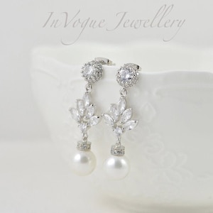 Pendientes de perlas de plata para novias, joyas de boda con forma de lágrima de cristal, pendientes de perlas colgantes para damas de honor con cristales de circonita cúbica, pendientes de hojas para novias