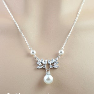 Pearl Back Drop Bridal Necklace, Brides Wedding Silver Necklace, Cubic Zirconia Crystal Jewellery, Pearl Backdrop Necklace Teardrop Necklace