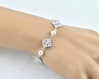 Square Pearl Bridal Bracelet, Cubic Zirconia Brides Pearl Crystal Wedding Bracelet Jewellery, Silver Simple Square Bridal Tennis Bracelet