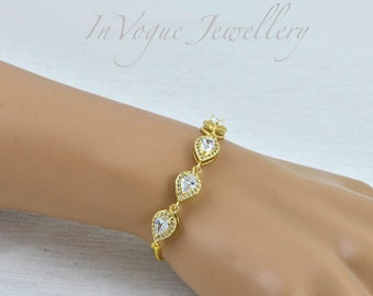 Gold Brides Adjustable Bracelet, Bridesmaids Teardrop Crystal Wedding Bracelet, Bridal Dainty Bracelet, Flower Girl Bracelet - Kyle