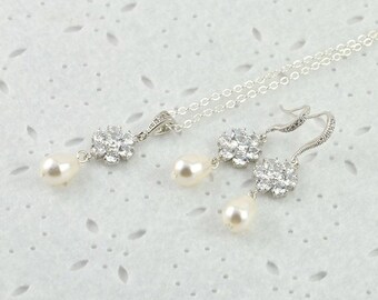 Crystal Pearl Bridal Jewellery Set, Cubic Zirconia Bridal Earrings, Necklace Pearl Jewellery Set, Bridesmaids Silver Wedding Bridal Set
