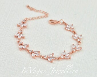 Rosegold Wedding Crystal Bracelet Jewellery, Leaf Bridal Clear Cubic Zirconia Crystal Bracelet, Brides Bracelet Bridesmaids Leaf Bracelet