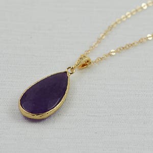 Gold Drop Amethyst Necklace, Purple Necklace, Amethyst Gemstone Necklace, Stone Jewellery Geode Necklace, Teardrop Gold Bridesmaids Necklace