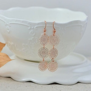 Rose Gold Cascading Chandelier Earrings, Long Lightweight Rose Gold Drop Earrings, Rose Gold Floral Bridesmaids Earrings Jewellery