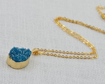 Turquoise Druzy Drop Gold Necklace, Blue Oval Gemstone Necklace, Turquoise Druzy Jewelry, Blue Pendant Gold Teardrop Necklace, Mothers Day