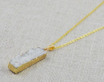 White Druzy Gemstone Necklace, Rectangle Bar Gold White Bar Necklace, Druzy Gemstone Jewellery, Druzy Pendant, Natural Stone Necklace