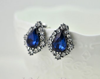 Vintage Style Sapphire Stud Earrings, Bridal Drop jewellery Sapphire Glass Crystal Earrings, Sapphire Bridesmaids Wedding Classic Earrings