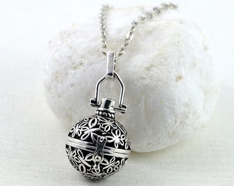 Sphere Lava Stone Aromatherapy Necklace Diffuser for Essential Oils, Lava Locket Pendant, Filigree Necklace, Oil Diffuser Silver Necklace