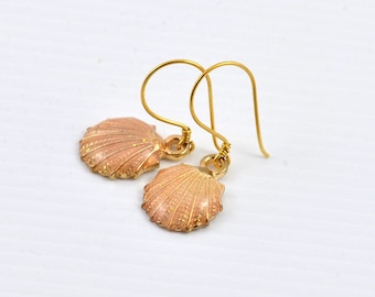 Sea Shell Gold Earrings Jewellery, Dainty Peach Gold Sea Shell Earrings, Minimalist Bridesmaids Dainty Dangle Blush Pink Beach Earrings Gift