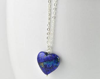 Lapis Lazuli Gemstone Heart Necklace, Blue Lapis Lazuli Heart Gemstone Necklace Pendant, Sapphire Jewellery Minimalist Heart Silver Necklace