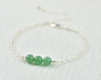 Green Jade Gemstone Bracelet, Silver Green Stone Minimalist Bracelet Jewellery, Beach Wedding Green Flower Girl or Bridesmaids Bracelet