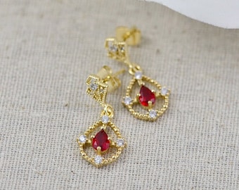 Gold Ruby Crystal Earrings, Lightweight Drop Gold Earrings, Bridesmaids Red Earrings, Gold Cubic Zirconia Crystal Jewellery For Women