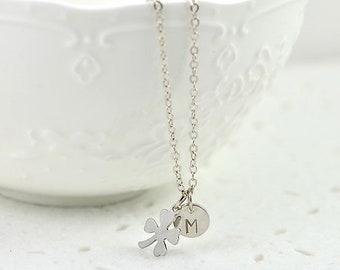 Four Leaf Clover Silver Personalised Necklace, Initial Elegant Dainty Clover Initials Silver Tiny Necklace, Letter Clover Silver Necklace