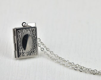 Silver Rectangle Book Locket Necklace, Picture Photo Book Necklace, Photo Necklace, Simple Silver Necklace, Picture Locket Necklace