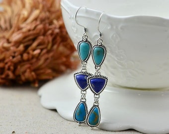 Türkis lange Ohrringe im antiken Stil, lange Cabochon leichte blaue Ohrringe, hypoallergener Schmuck für Frauen, Muttertagsgeschenk