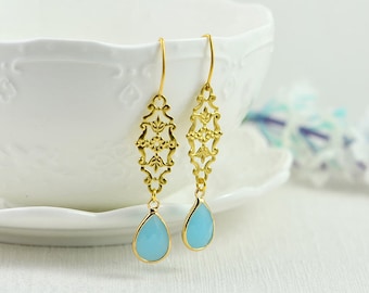 Gold Turquoise Chandelier Earrings, Teardrop Dangle and Drop Lightweight Earrings, Long Filigree Gold Bridesmaids Earrings Jewellery