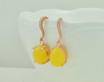 Rose Gold Crystal Yellow Earrings, Yellow Drop Earrings, Simple Bridesmaids Wedding Earrings Jewelry, Rosegold Women Dangle Earrings