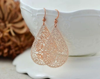 Gorgeous Rose Gold Drop Earrings, Lightweight Drop Filigree Rose Gold Earrings, Everyday Mothers Day Teardrop Bridesmaids Jewellery Gift