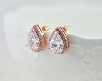 Rosegold Bridal Drop Stud Earrings, Clear Cubic Zirconia Crystals Brides Teardrop Earrings, Simple Wedding Set Bridesmaids Earring Gift