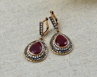 Ruby Teardrop Earrings: Red Crystal Gold Vintage Red India Dangle Jewelry